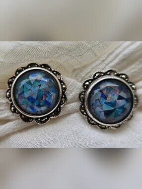 Black Opal Mosaic Marcasite Statement Earrings
